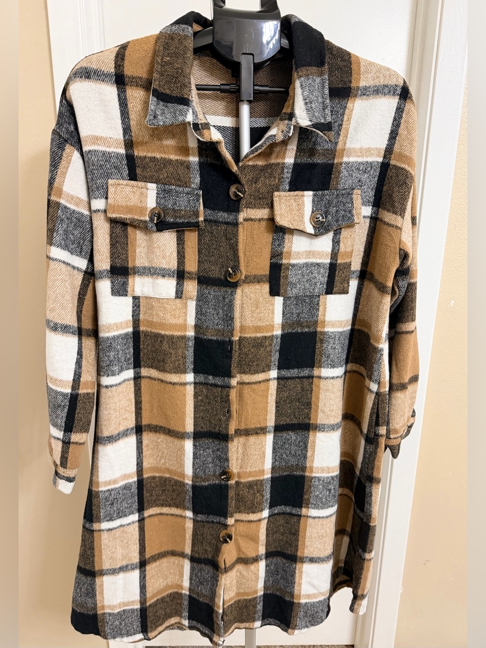 SHEIN Camel Black White Plaid Button-Front Shacket